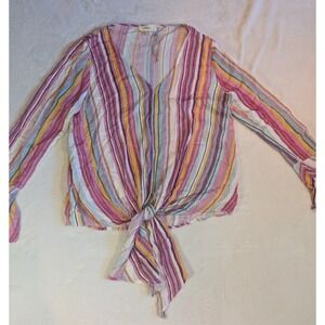 Entro Striped Tie-Front Blouse Bell Sleeve V-Neck Top Multicolor Size M‎